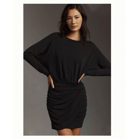 Graham & Spencer Anthropologie Black Stretch Jersey Knit Ruched Skirt Dolman Sle - Picture 1 of 13
